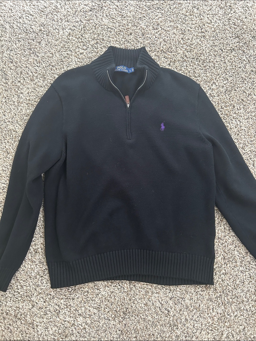 Polo by Ralph Lauren Black Half-Zip Sweater with Purple Pony Logo